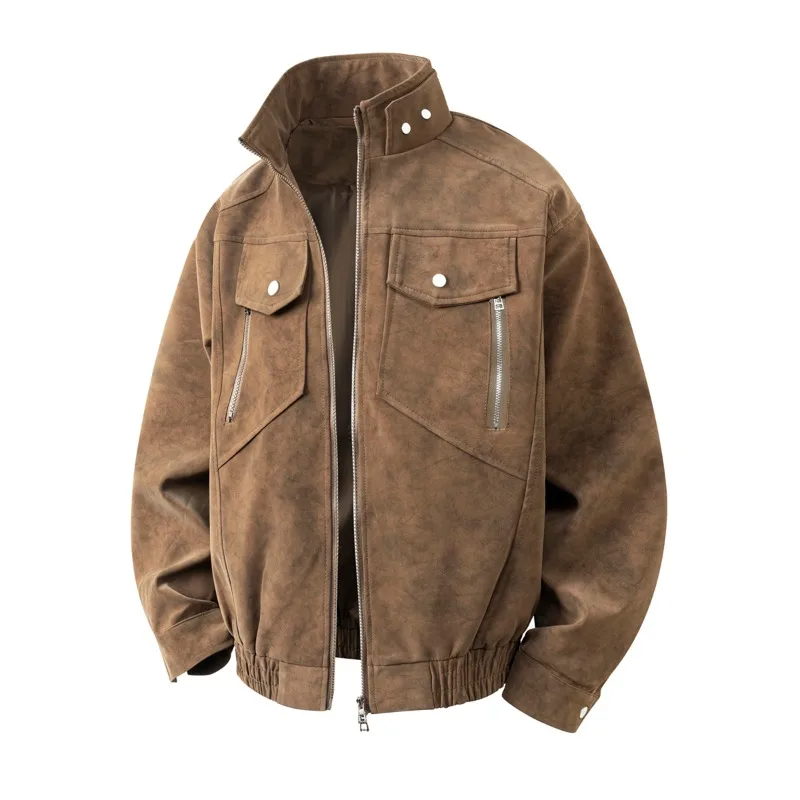 Men Suede‑Like Faux Leather Jacket Stand Collar Zip Up Multi‑Pocket Loose Vintage Biker Casual Streetwear Male Outer Coat