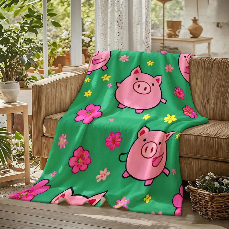 Cute Pigs Flowers Green Flannel Blanket Perfect for Sofa Office Bed Travel Sleep Read Relax Camping Four Season Use