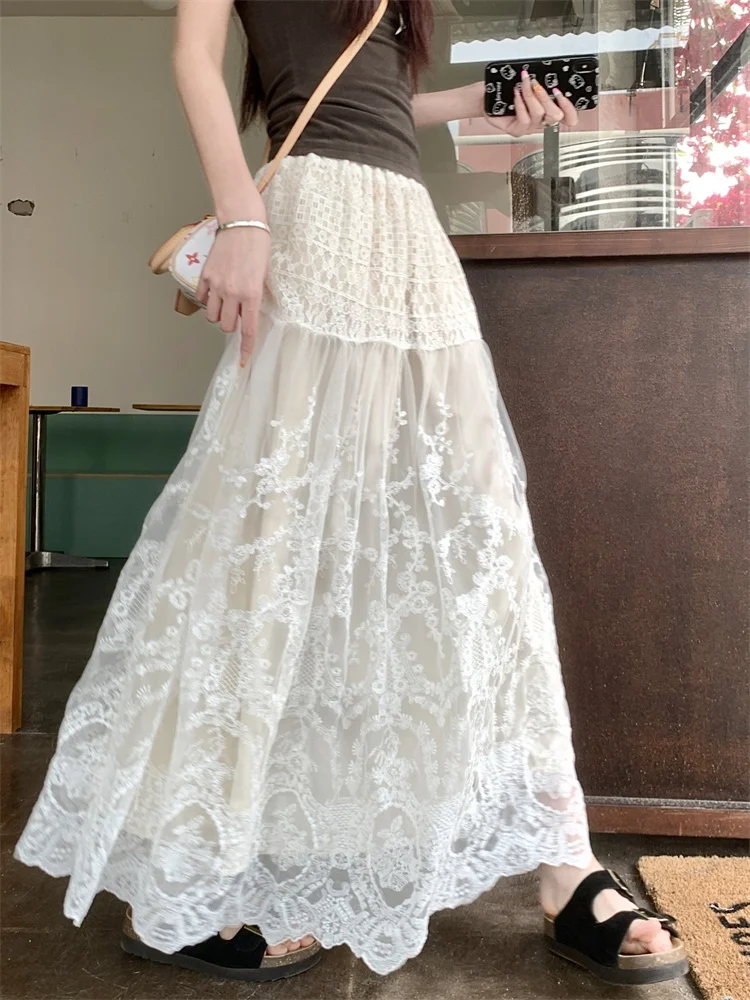 

Новая летняя женская юбка макси А-силуэта с высокой талией, с кружевными вставками, модная, больших размеров, в корейском стиле, для повседневной носки