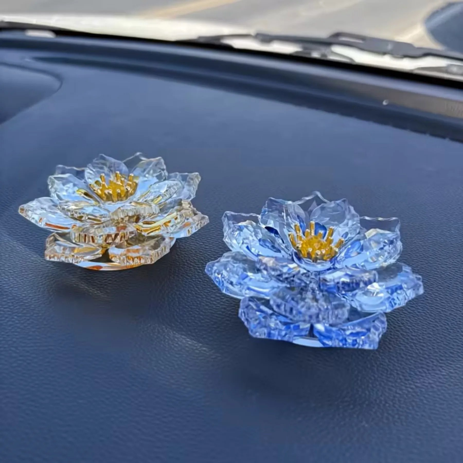 Handmade Crystal Lotus with Golden Embellishments - Glass Home Decor for Tabletop & Cabinet, Festive Decoration Centerpiece