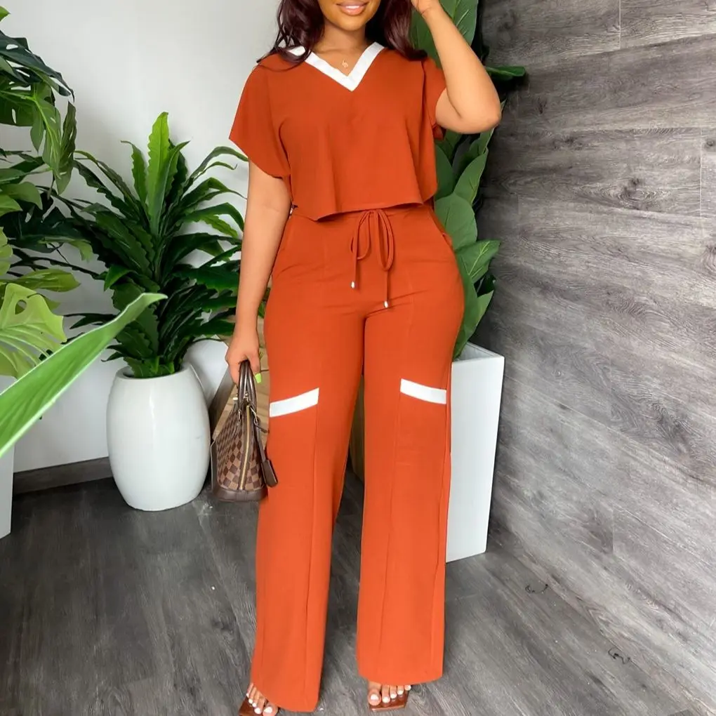 Two Piece Set Women V-neck Short Sleeve Top & DrawString Wide Leg Pants Casual Summer Elegant Matching Sets Tracksuit Outfits