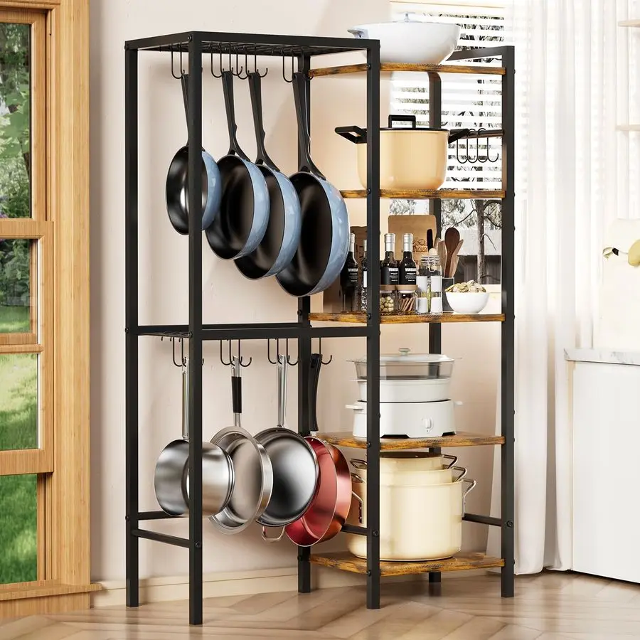 

Pot and Pan Organizer Rack with Hooks, HeavyDuty Kitchen Storage Shelf for Cookware, Dishes, and Utensils, Freestanding Metal Po