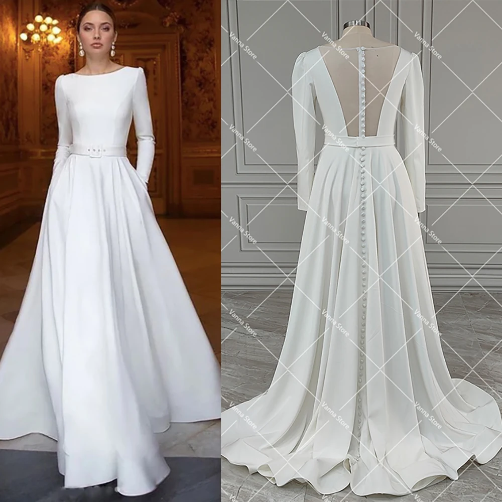 Boat Bateau Neck Luxe Satin Simple Wedding Gowns A Line Custom Made Closed Zipper Back Belted Long Fitted Sleeves Bridal Dress