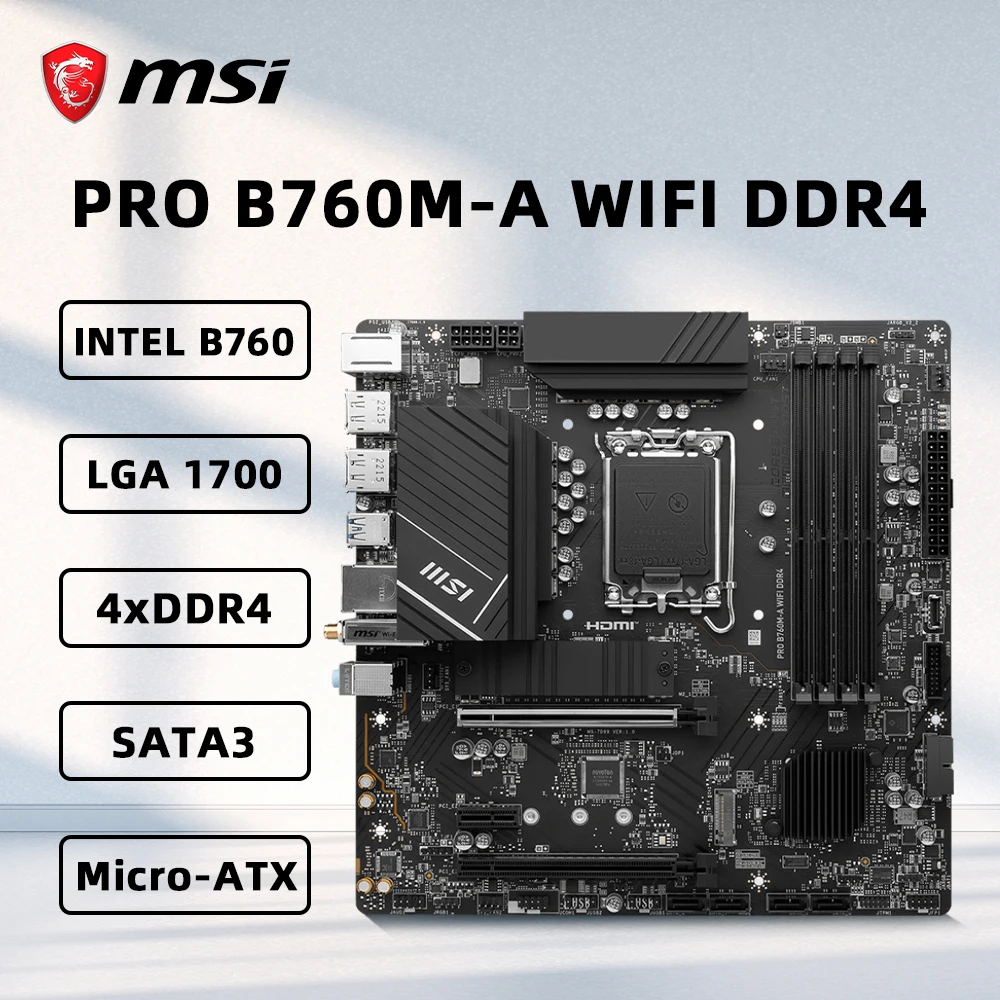 

Материнская плата MSI PRO B760M-A WIFI DDR4 с поддержкой i9-14900KF i7-12700KF i5-12400F Процессор DDR4 4800 МГц 64 ГБ LGA 1700 HDMI NVME M.2 mATX