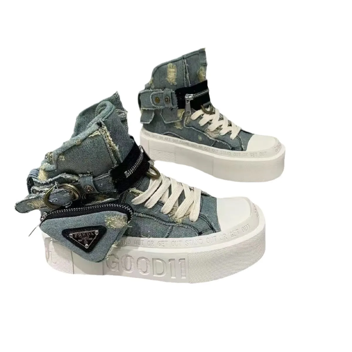 Retro denim fabric high top versatile fashion casual shoes for women\'s  new spring edition Korean thick soled sports board shoes