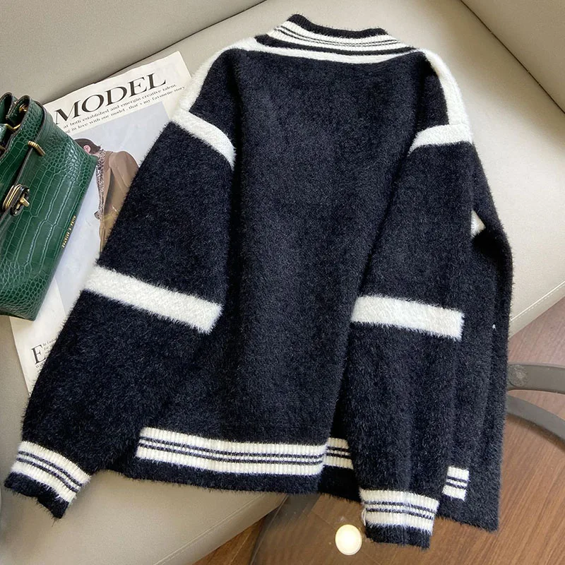 Korean Fashion Single-Breasted Sweater Women Contrast Color Striped V-Neck Knit Cardigan Female All-Match Loose Sweaters Coats