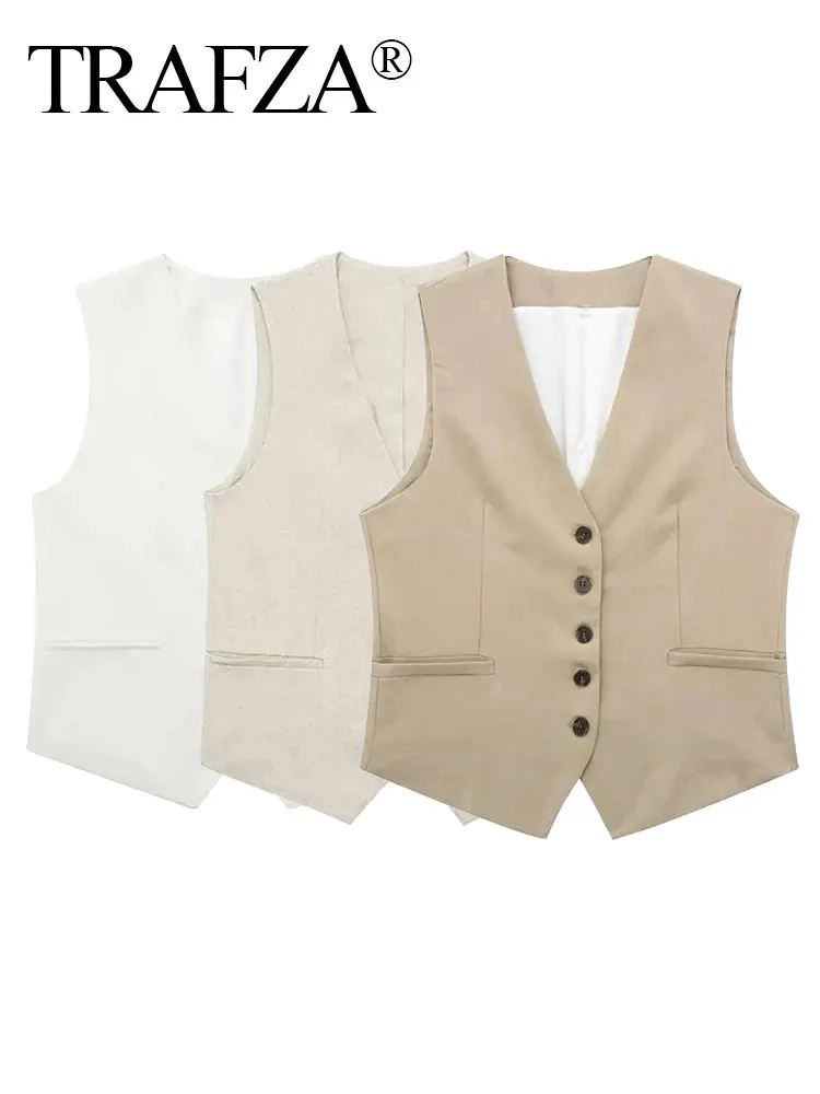 TRAFZA Women Fashion Solid Linen Vests Single Breasted Sleeveless Waistcoat Top Summer Female Casual Streetwear Suit Vest