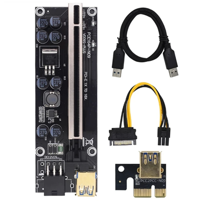 5Pcs VER009S Plus PCI Express 1X To 16X PCI-E Riser Card SATA 6Pin Power 0.6M USB 3.0 Cable For BTC LTC Mining