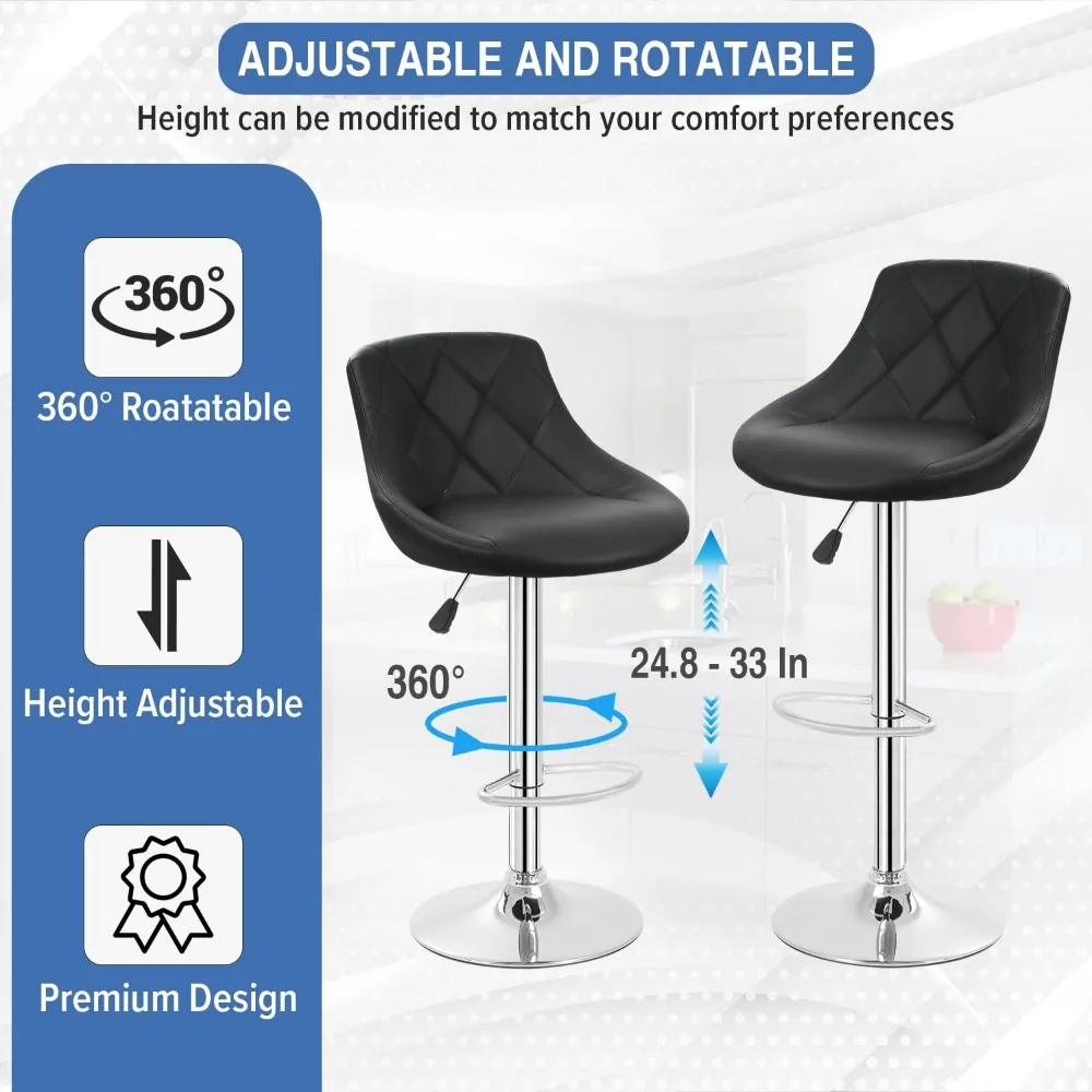 Bar Stools Set of 2, Swivel Stool Height Adjustable Bar Chairs with Back, PU Leather Swivel Stool, Kitchen, Counter