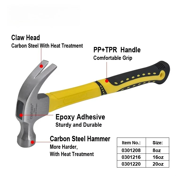 Striking Hand Tool 8OZ/16OZ/20OZ American Type TPR Handle Carbon Steel Claw Hammer