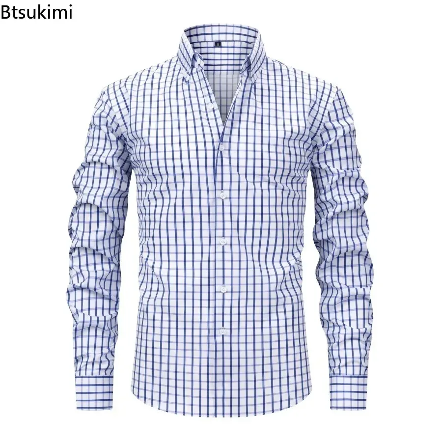 Men's Casual Plaid Pattern Long Sleeve Shirt Stand Collar Digital Printing Advanced Sensation Fashion Four Sided Elastic Tops