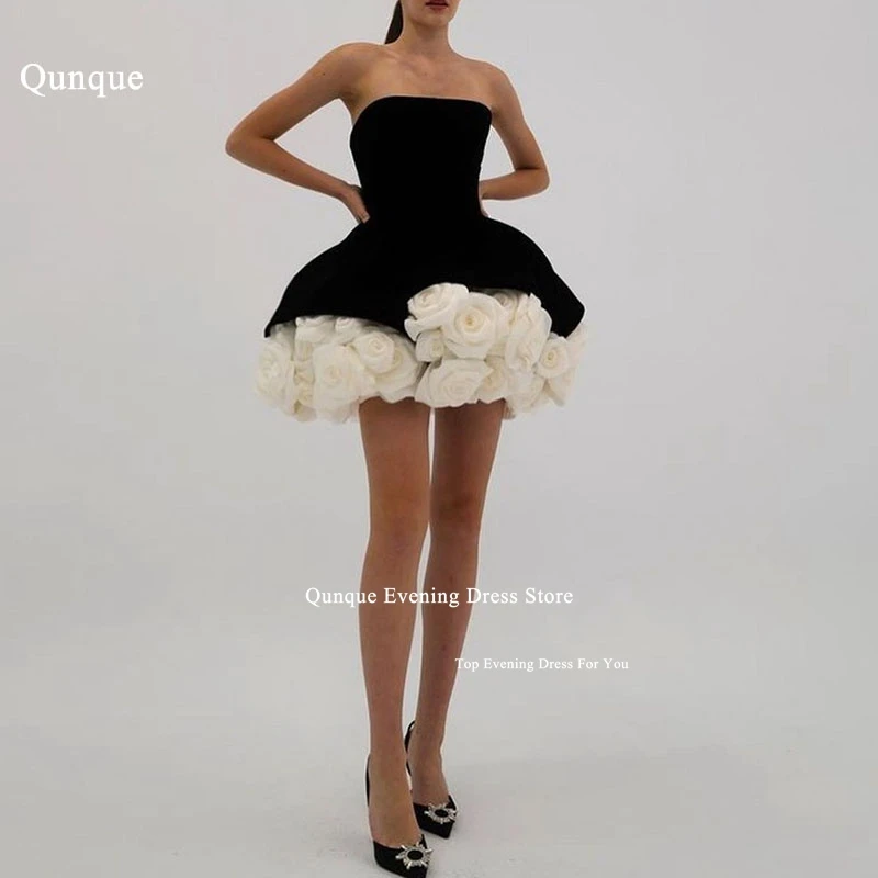 Qjall bez ramiączek Velvet Mini Party Dress With Flowers Elegant Puffy Custom Made Prom Dresses Event Gowns Vestidos De Graduación