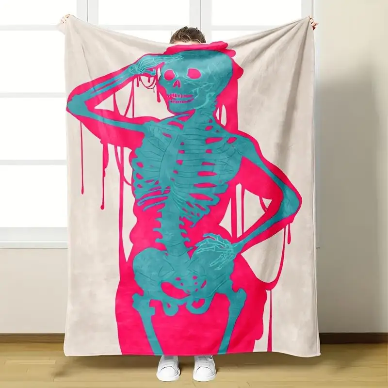 Gothic Skull Throw Blanket - Turquoise & Pink Gothic Bedspread with Pink Drip Design - Ultra-Soft Flannel All-Season Blanket for