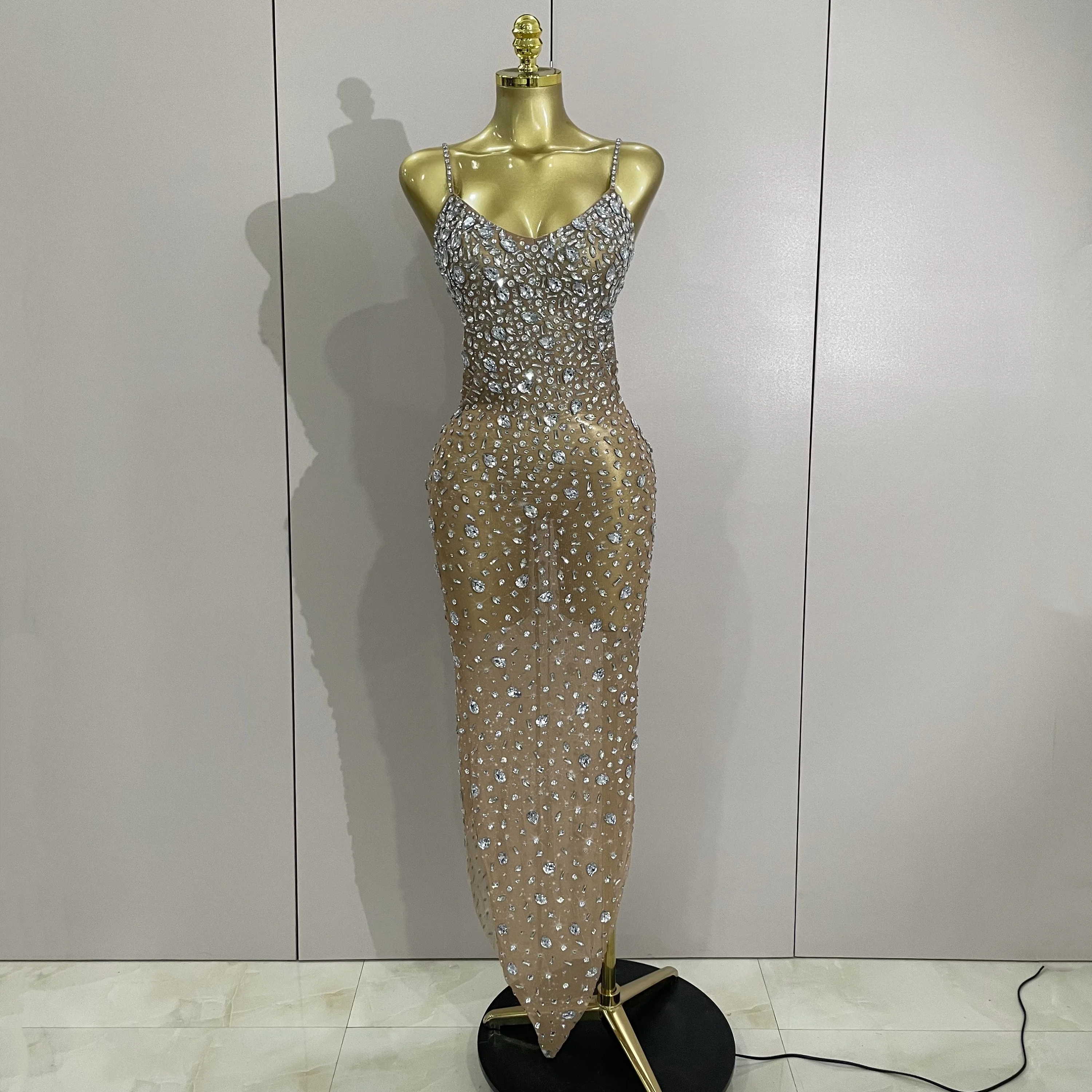 

Sparkly Silver Rhinestones Mesh Stretch Long Dress Women Sexy Eveing Celebrate Luxury Birthday Party Nightclub Bar Stage Costume