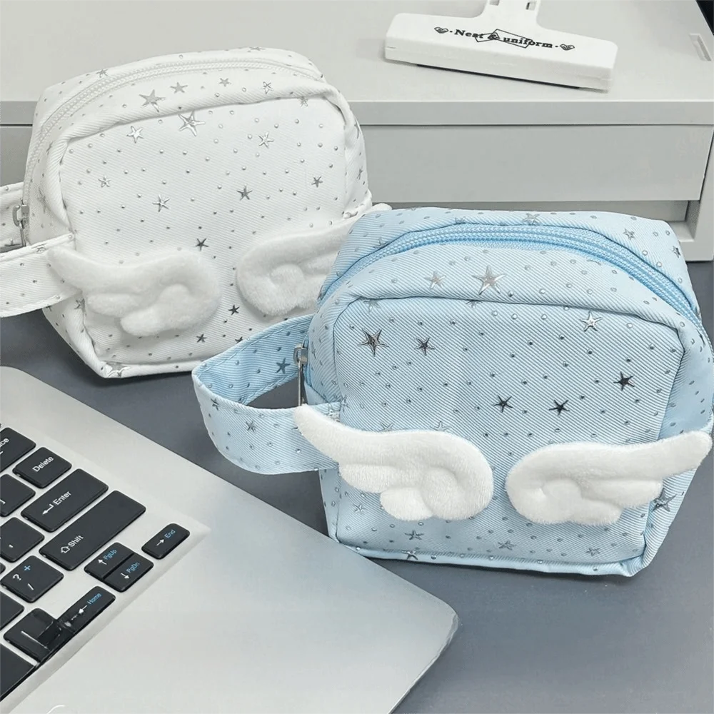Bolsa de maquillaje de tamaño mini para mujer, diseño de estrellas, alas, patchwork, organizador de cosméticos de viaje, bolsa multiusos para lápiz labial que ahorra espacio