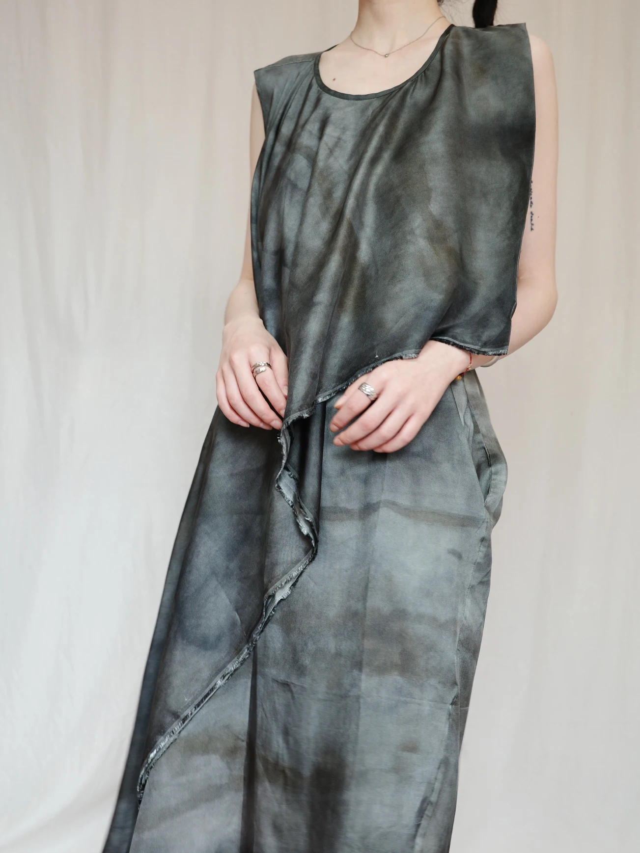 

Antique Copper Ammonia Silk Asymmetrical New Chinese Sle Dyeing Vest Dr Loose Waist Svel Mid-Length Straight Tube