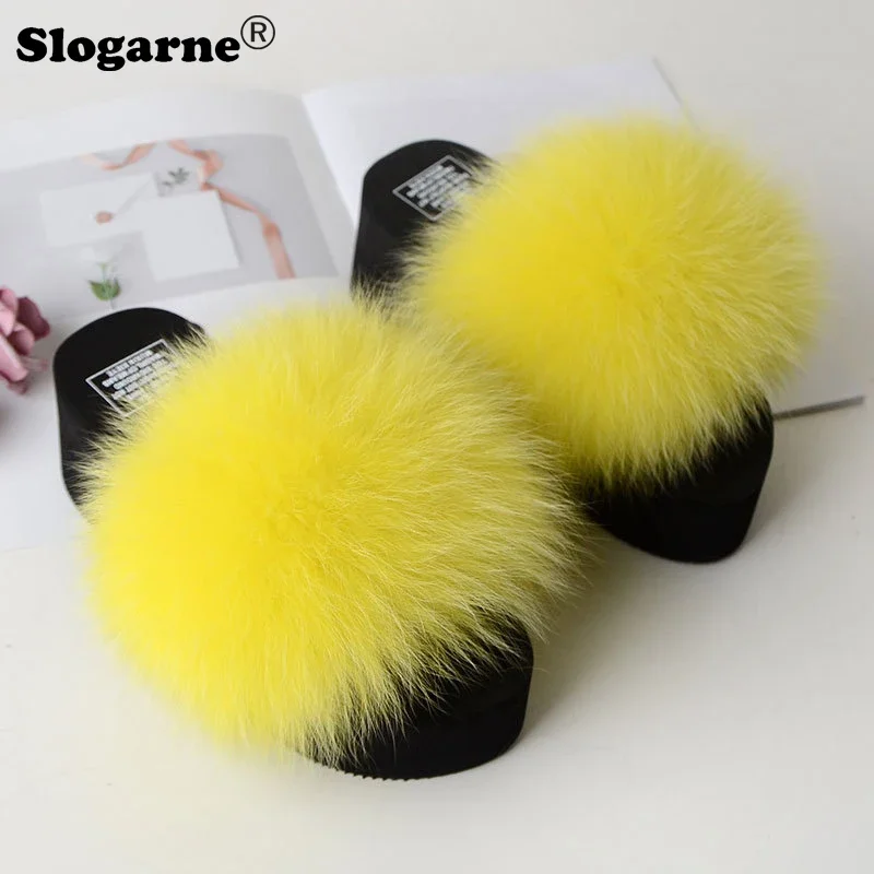 Ladies Modern Fox Fur Slippers Women Fashion Outdoor Fur Slides 5cm Thick Sole Summer Platform Shoes Girls High Heels Flip Flops