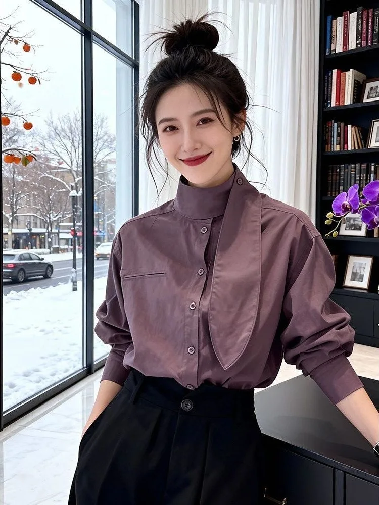 

Elegant Stand Collar Sash Long Sleeve Shirt Women's New Style Spring Autumn Unique Shirt Lady's Top French Style Loose Fit