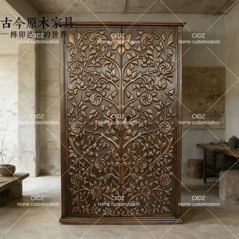 Solid Wood Wardrobe Vintage Old Elm Log Furniture CB520-4 Natural Finish Storage Cabinet for Bedroom Rustic Style Home Decor