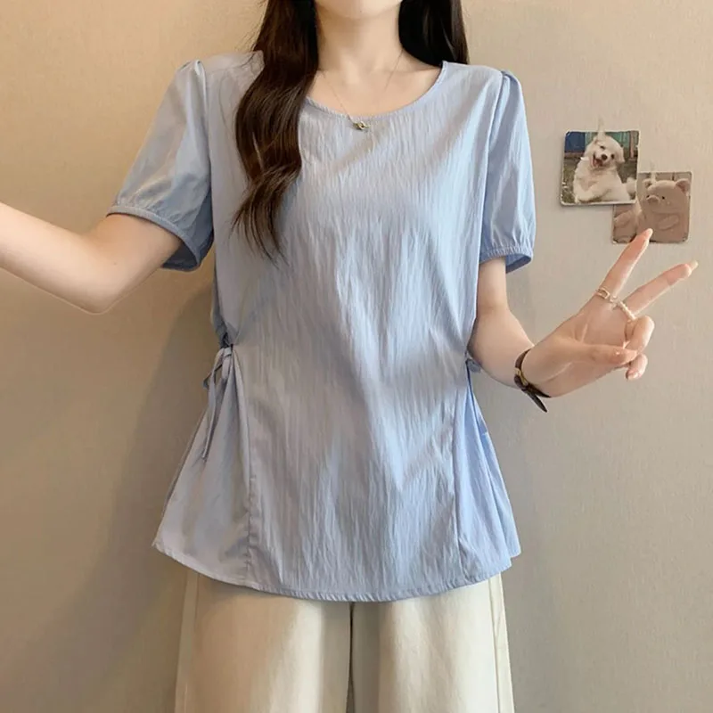 

Fashion O-Neck Lace Up Bow Puff Sleeve T-Shirts Female Clothing 2025 Summer New Loose Short Sleeve Sweet Tops Korean Tee Shirt