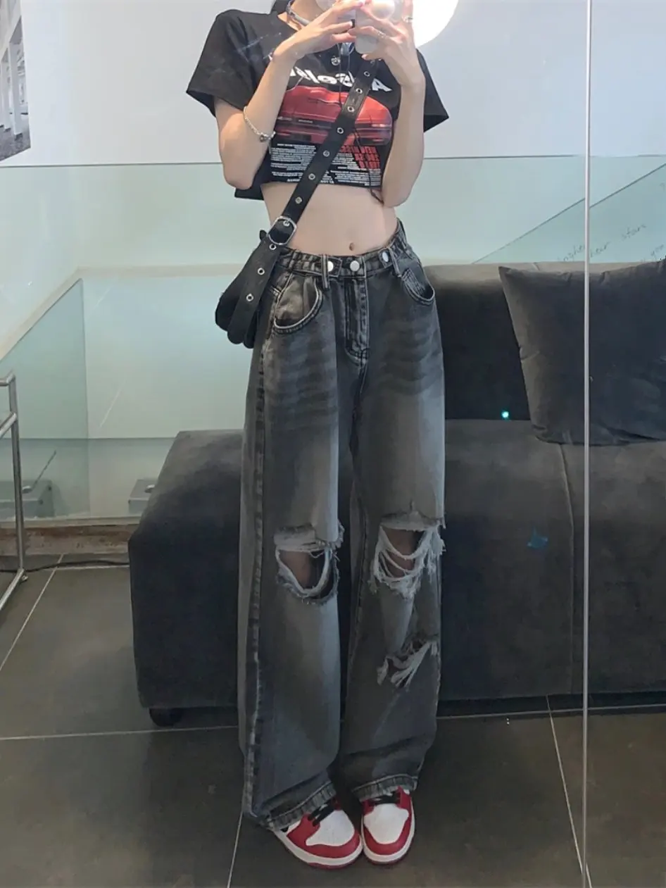 بنطلون جينز أمريكي بتصميم ممزق للنساء، موديل شتوي جديد بأسلوب الشارع الراقي، فضفاض بخصر عالٍ، نحيف وواسع الساق، كاجوال بلون غامق