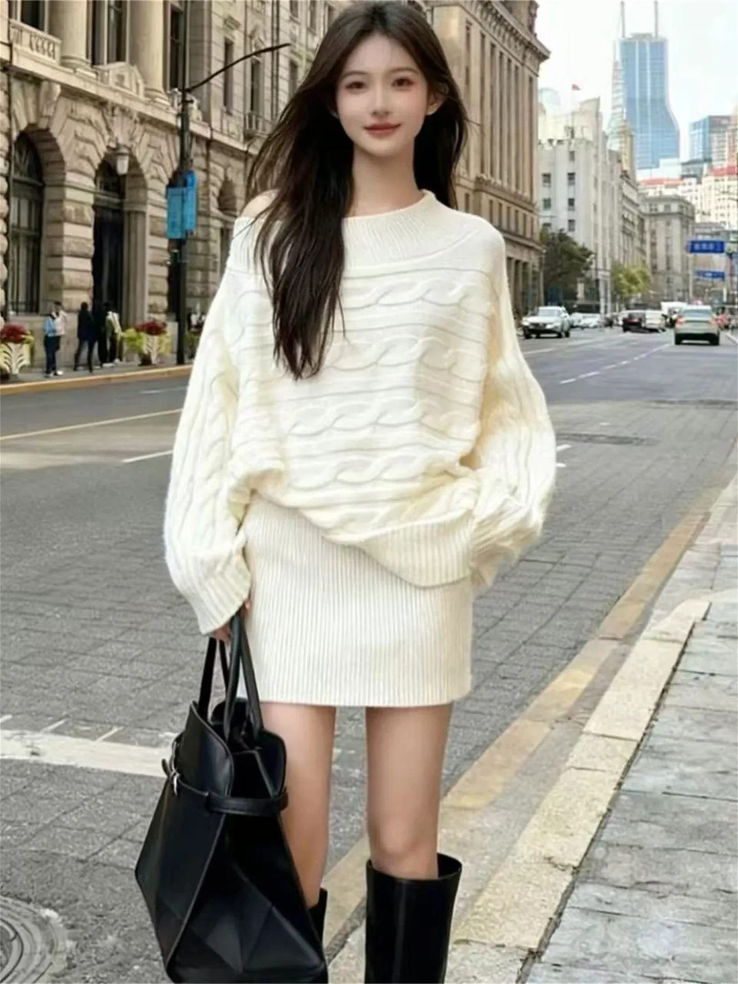 

Rich Girl Sle oulder Bared Pure Color Top Slimming f Skirt Attractive Two Piece Set Spring New Faion Women's Ensemble