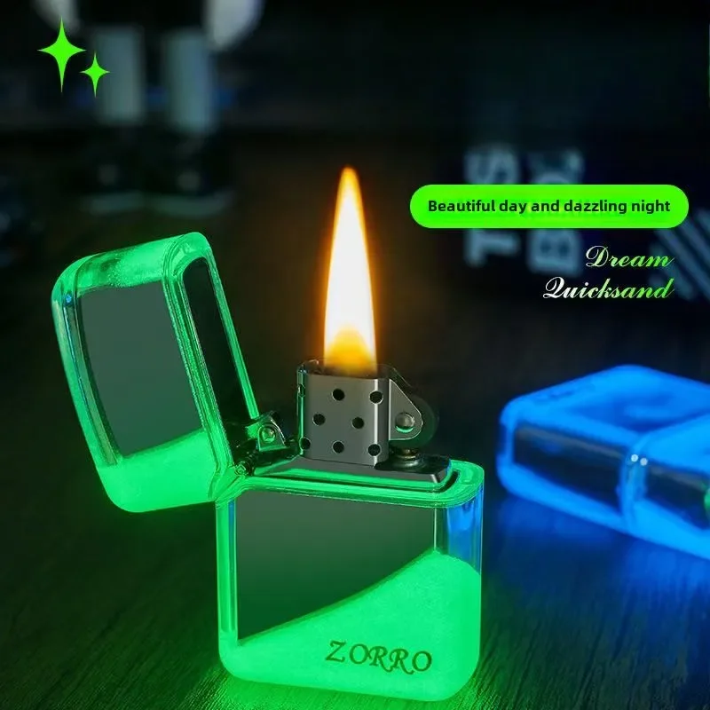 ZORRO Luminous Quicksand Windproof Kerosene Lighter Classic Grinding Wheel Ignite Brilliant Colors Lighters Gadgets Men's Gift