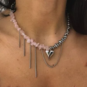 Elegan Irregular CCB & Pink Batu Manik-manik Rantai Jantung Liontin Kalung untuk Wanita Kalung Pesta Makan Malam Valentine Perhiasan N0498 8 kalung manik-manik penjualan terbaik - №
