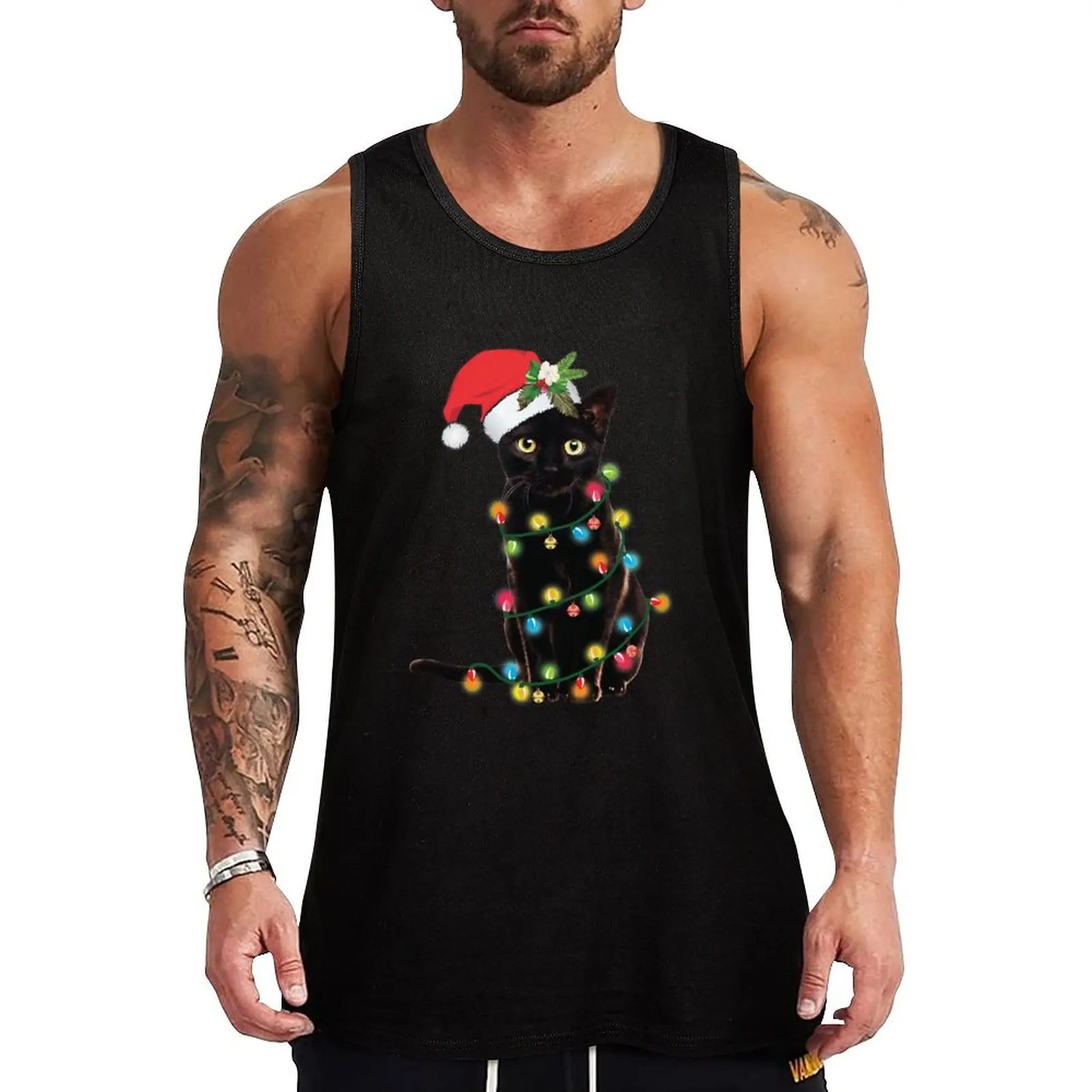 

Black Santa Cat Tangled Up In Lights Christmas Santa Tank Top bodybuilding man Vests