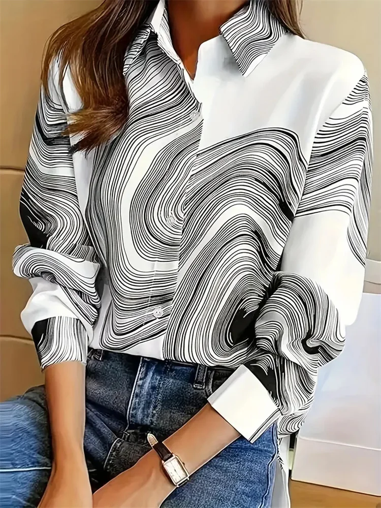 New Women\'s Spring Elegant Lapel Tops Textured Printed Slim Shirt Autumn Office Women\'s Fashion Long Sleeve Single Breasted Tops