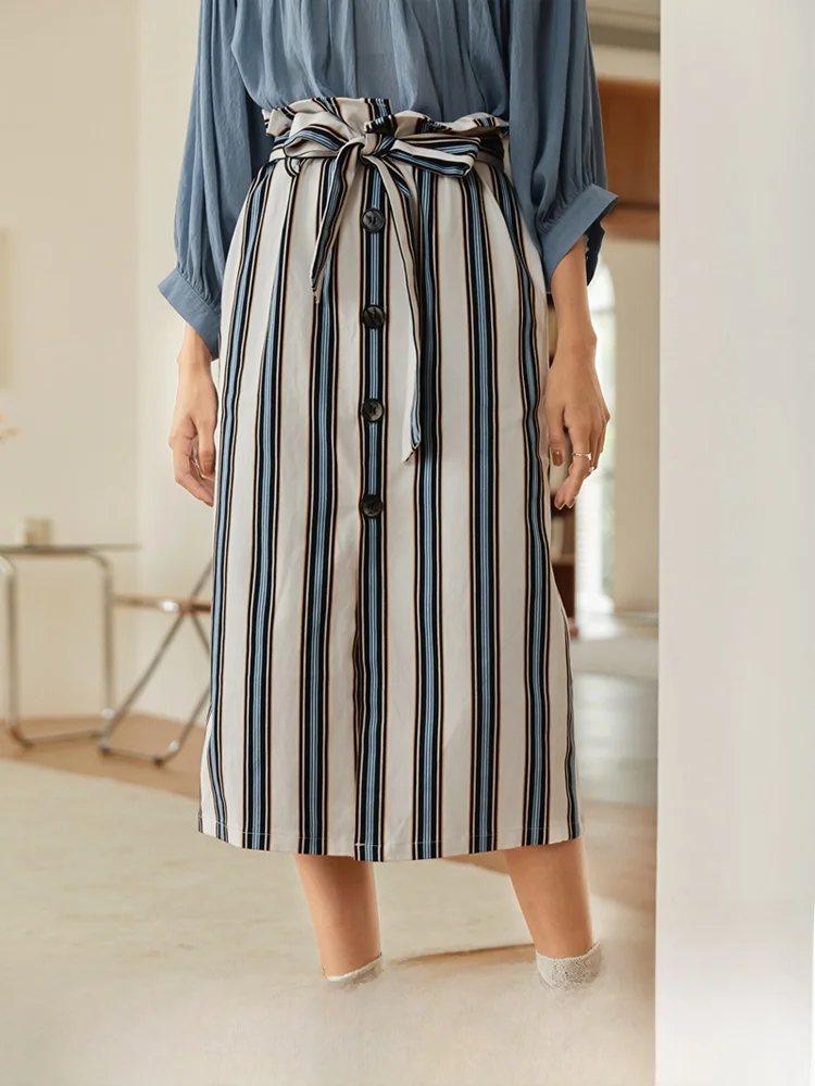 

Retro Contrast Color Stripe Paper Bag Skirt Front Button Belted Midi f Skirt High Waist Cotton Blend Polyester Elastic Fiber