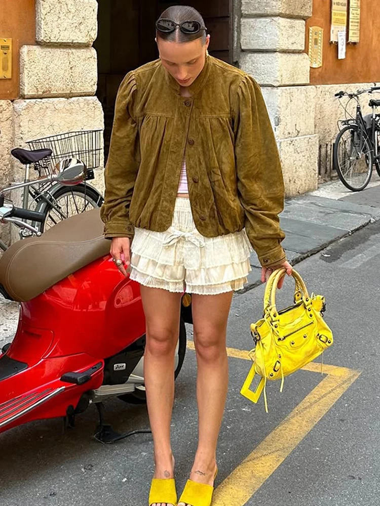 

Women Casual Solid Suede Short Coat Full Sleeves Single-breasted High Neck Loose Outerwear 2025 New Autumn Lady Commute Coats ﻿