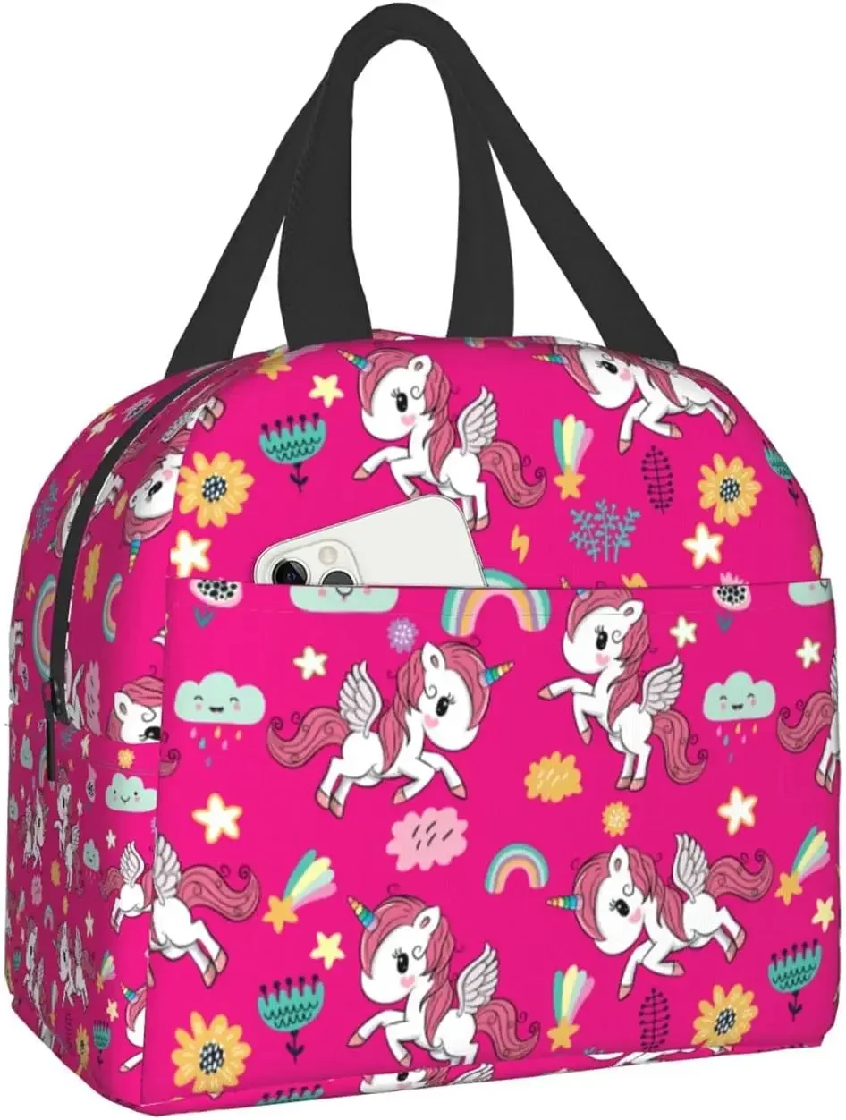 Unicorn Insulated Lunch Bag with Front Pocket Reusable Cooler Bento Tote with Zipper for Women Girls Work School Travel Picnic