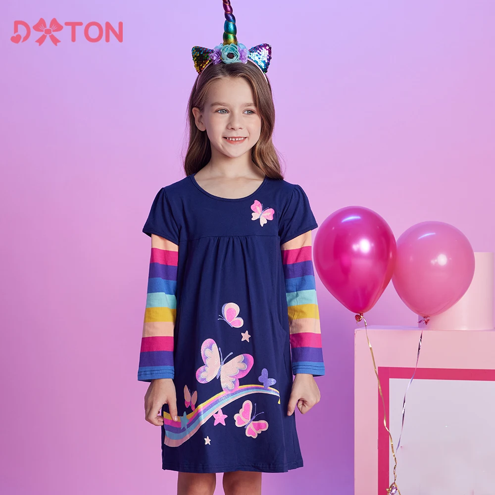 DXTON New Children Cotton Dress Winter Rainbow Long Sleeve Toddlers Casual Dress For Girls Butterfly Star Printing Girls Dresses