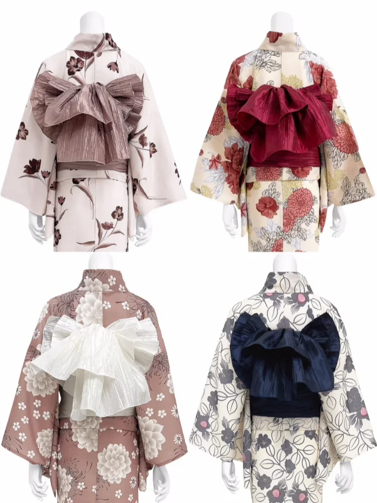 Women Kimono Obi Pleated Wrinkled Waist Belt Yukata Obi Solid Color Flower Shape Bow Tie Dress Waistband