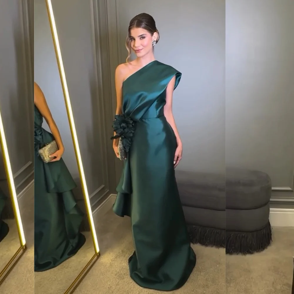 

Customized Charmeuse Ruffle Applique Flowers One-shoulder Trumpet Long Dresses Bespoke Occasion Exquisite Simple Party Gown