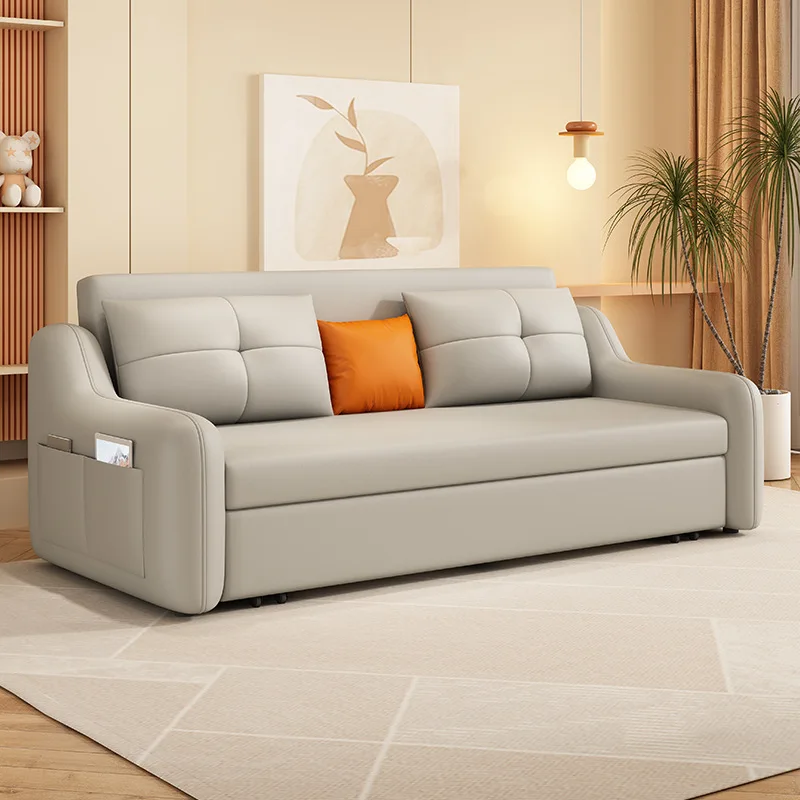 Modern anti-cat claw leather sofa bed dual-purpose living room cream simple small apartment multi-functional storage