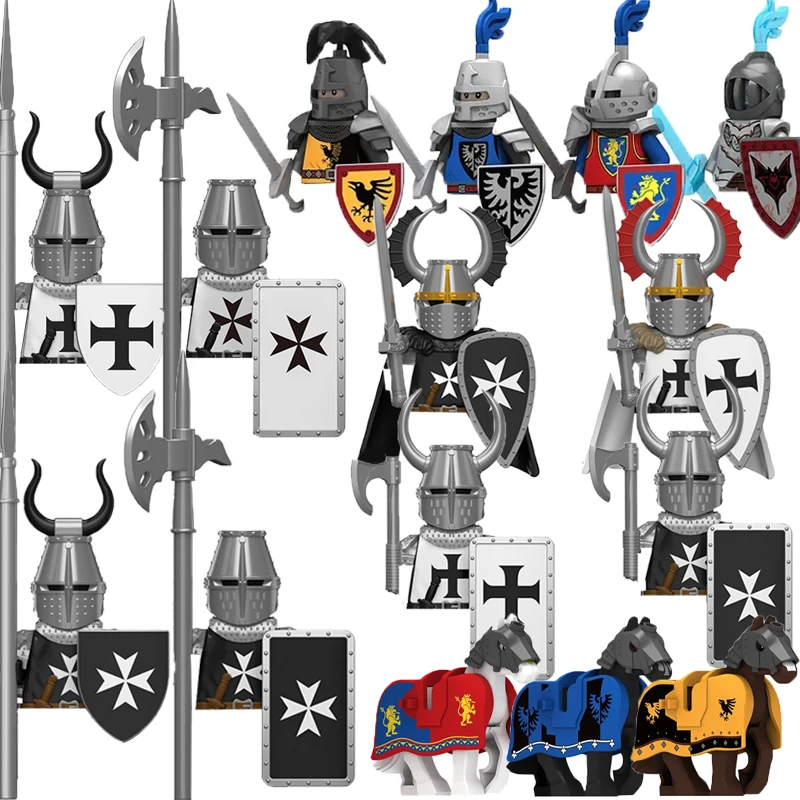 Medieval Building Blocks Crusades Hospitaller Teutonic Lion Jerusalem Tripoli Knights Figures Solders Weapons Shields War-horse