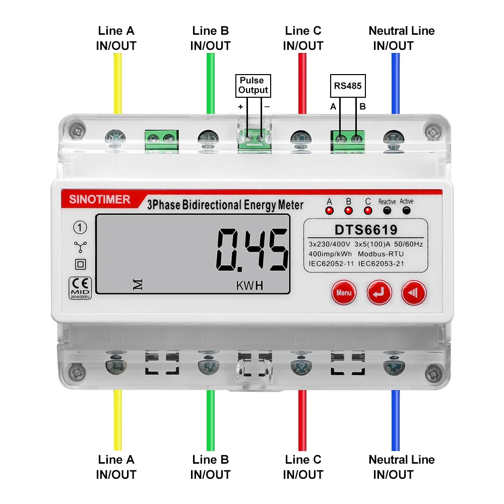 Three-phase Four-wire Multifunction RS485 Wattmeter 100A Photovoltatic Energy Meter kWh Power Voltage Current Power HZ Meters