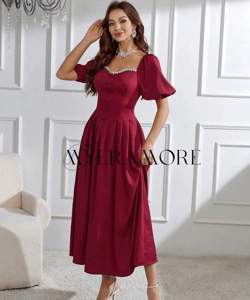 

Elegant Square Neck Evening Dresses Half sleeve A-Line Beaded Button Ankle-Lenght Prom Dresses Customized robes de soirée