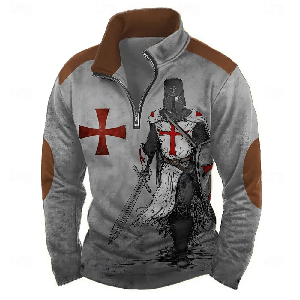 

3D Print Vintage Knight Graphic Men's Zipper Sweatshirt Fashion Cool Zip Collar Long Sleeve T-Shirt Autumn Winter Casual Clothes