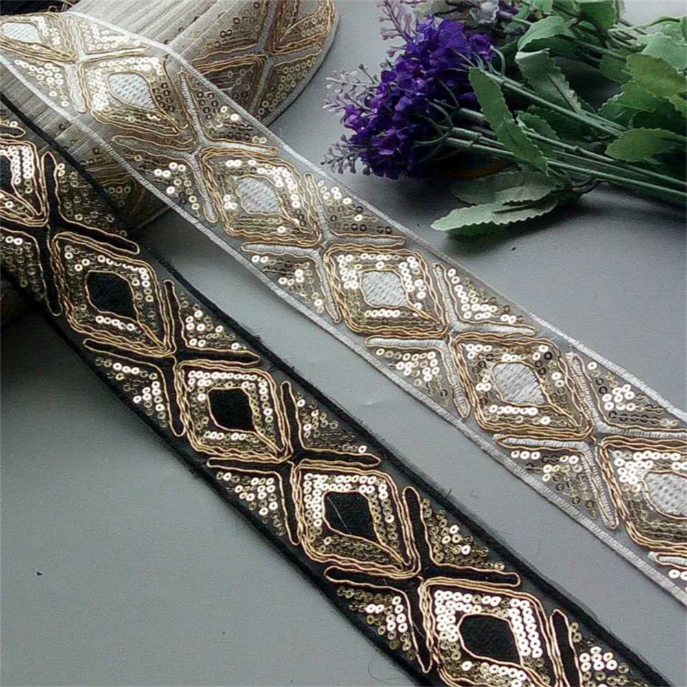 1 Yards White Black 45mm Ethnic Gold Thread Sequins Webbing Ribbon Tape Shoes Dress Embroidered Lace Trims DIY Sewing Accessorie