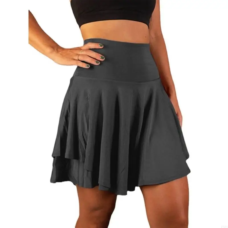 P88A Women's Pleated Skirt Casual High Waist Ruffled Flared Mini Skirt Shorts