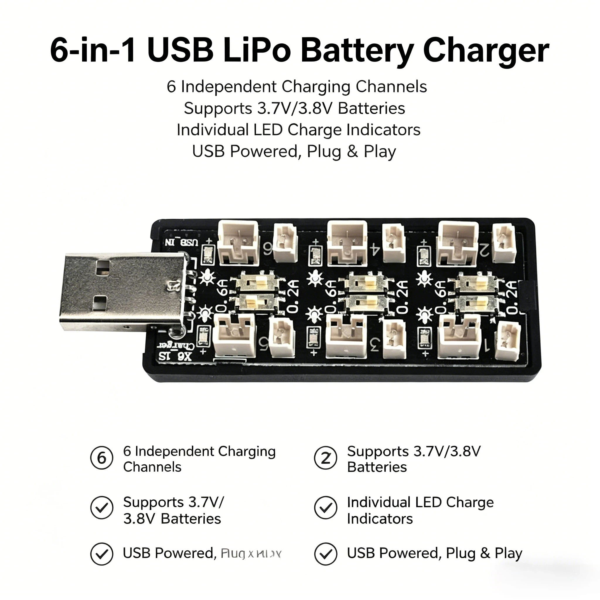 6-Channel 1S LiPo Battery Charger Board 5V 3A USB PH 1.25/2.0 Adapter for RC Drone Batteries