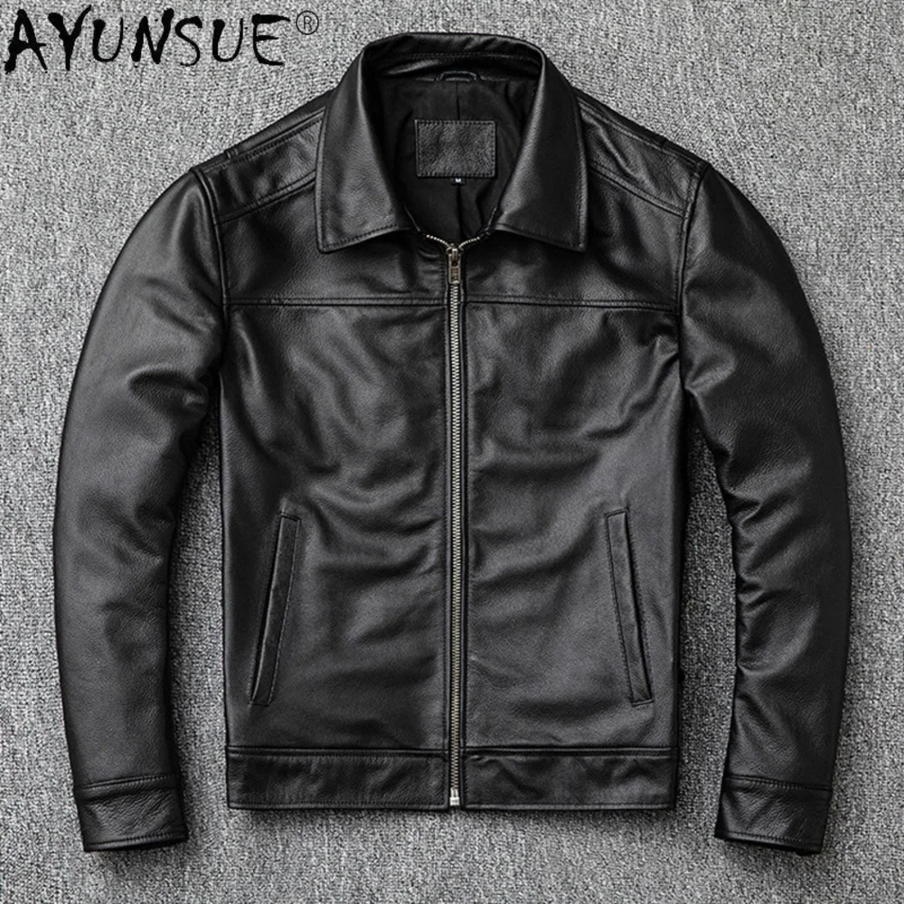 Real AYUNSUE Cowhide Leather Jacket Men Clothing 5XL Men's Jackets Motorcycle Coat Male Autumn Cloth Ropa De Hombre 2024 LXR385