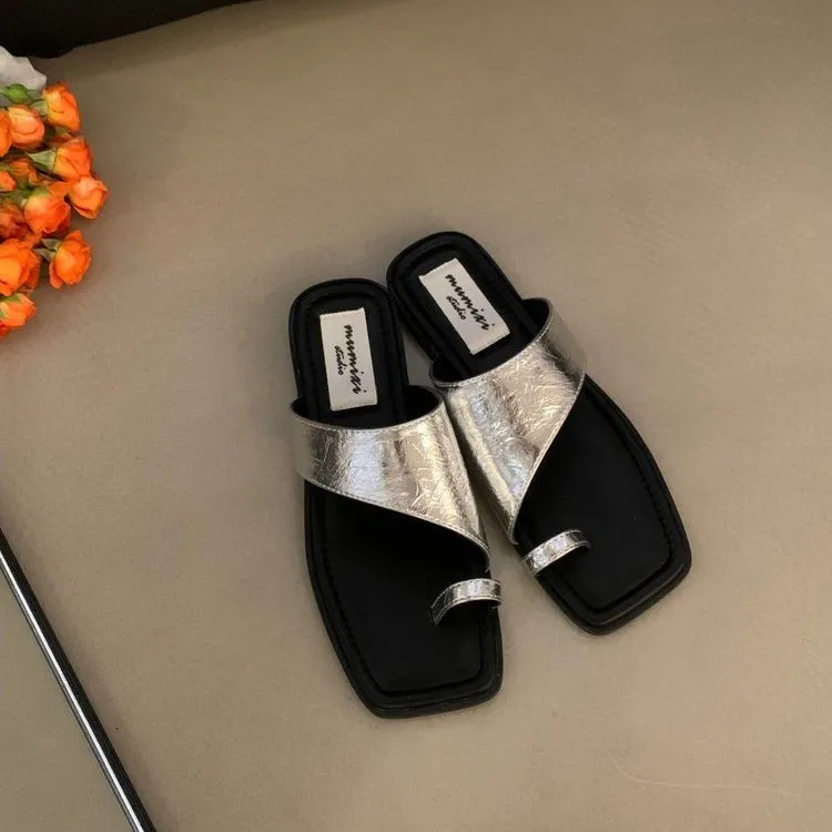 

Summer Slippers Women's Fashion Square Toe Cover Bright Leather Soft Soled Anti-slip Wear-resistant Sole Heel Shoes