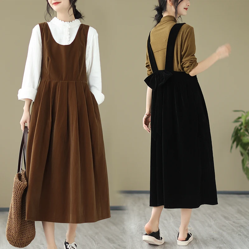 Retro Hong Kong Sle Werkkleding Corduroy Dr Dames plus maat losse knoop lange rok Faionable Spring Dr