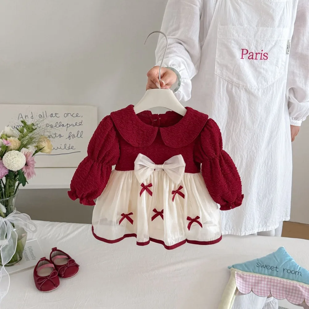 Princess Baby Girl Dress Romper 0-2Years Cute Newborn Puff Sleeve Peter Pan Collar Bow Skirted Bodysuit Autumn Birthday Clothes