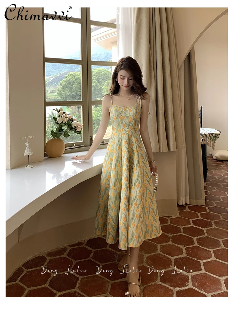 Oil Painting Floral Seaside Holiday Beach Dress French Style Vintage Pearls Beading High Waist A-line Sling Dress Women's Summer