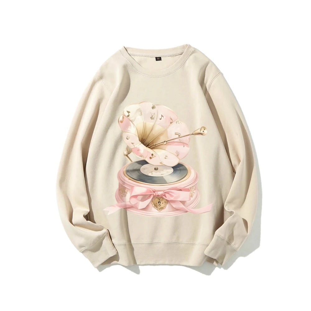 Grafisch sweatshirt roze grammofoonprint retro melodieus nostalgisch Y2K-stijl zachte stof voor muziekliefhebbende casual sweatshirt